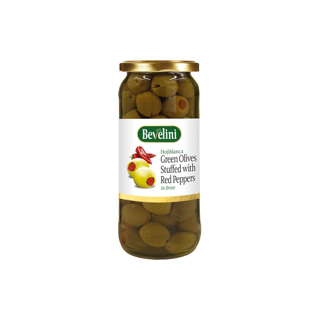 BEVELINI PITTED GREEN OLIVE WITH RED PEPPER 12X340G