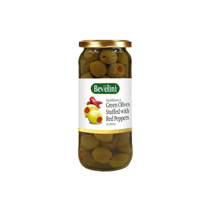 BEVELINI PITTED GREEN OLIVE WITH RED PEPPER 12X340G