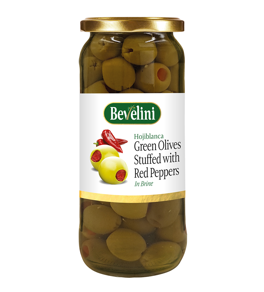 BEVELINI PITTED GREEN OLIVE WITH RED PEPPER 12X340G