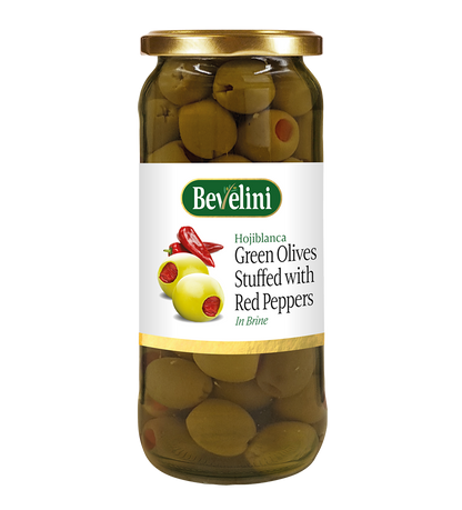 BEVELINI PITTED GREEN OLIVE WITH RED PEPPER 12X340G